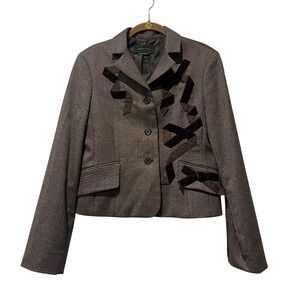 BCBG MAX AZRIA Y2K Cropped Blazer Jacket Brown Wool Velvet Ribbon Women's Medium